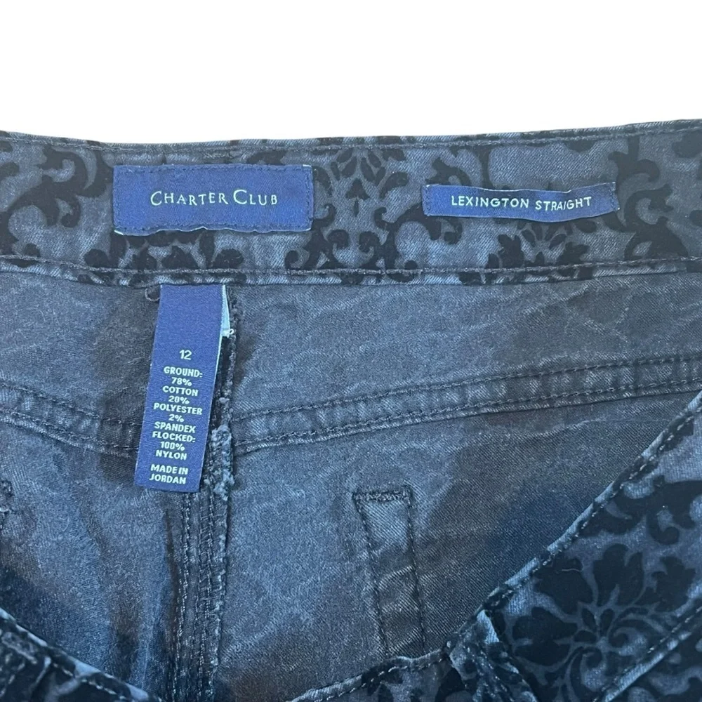 Charter Club Straight Leg Lexington Pants Black Velvet Damask Pattern Size 12